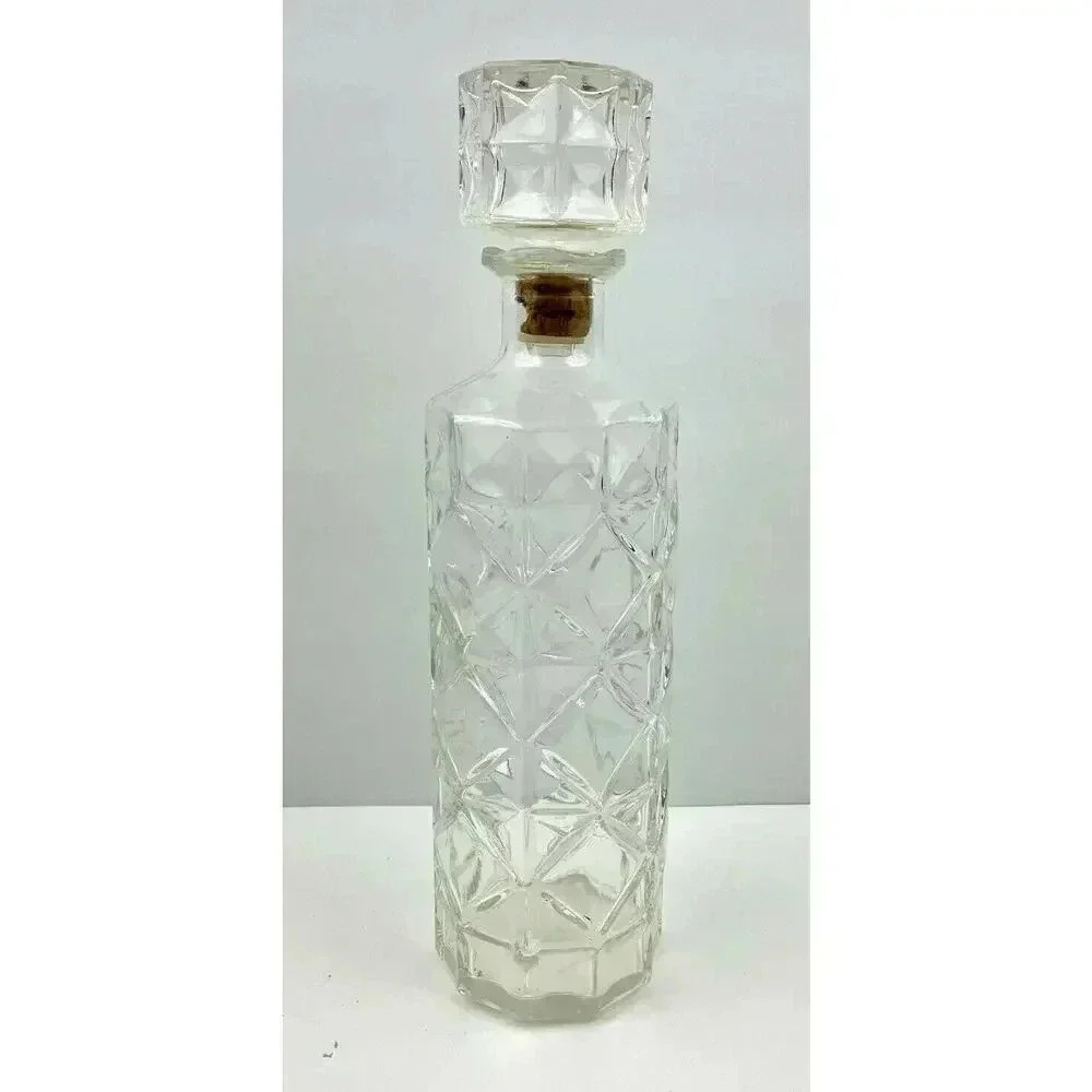 VTG Cut Glass Decanter Liquor Wine‎ Bottle Diamond Pattern 11.5" Elegant MCM